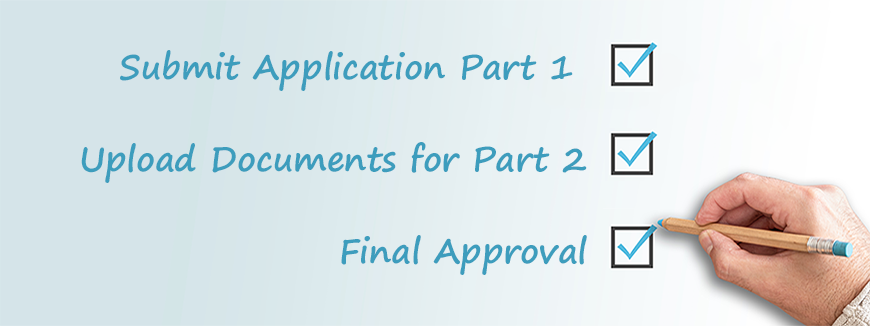 Banner image of person ticking checkboxes with blue pen on checklist or to-do-list that includes: Initial Application, Document Submission, Final Approval.